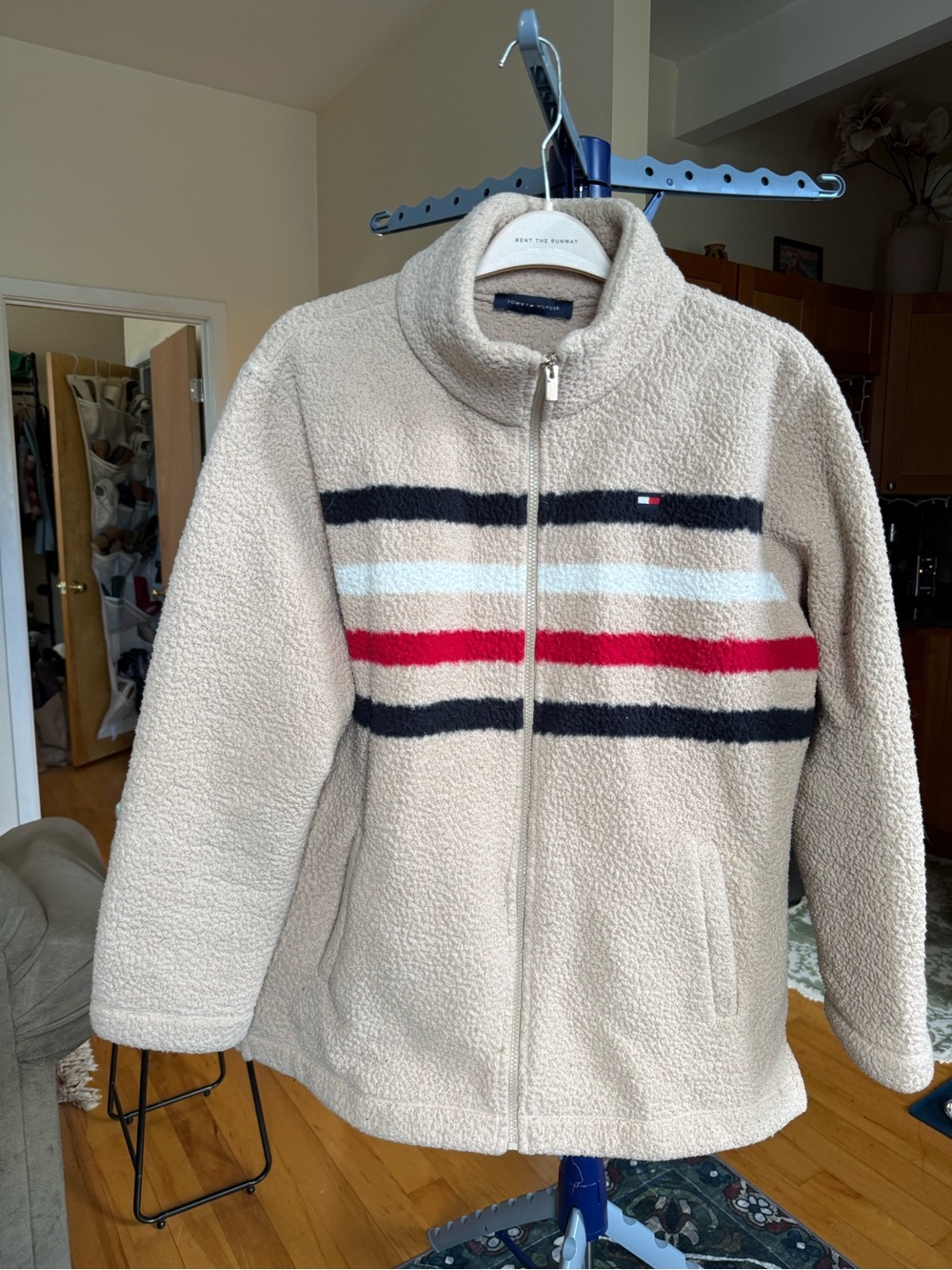 Tommy Hilfiger Beige Sherpa Jacket with Navy and Red Stripes